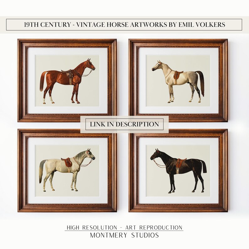 Vintage horse illustrations, 19th-century inspired prints, equestrian digital art, rustic farmhouse decor, western horse artwork, Emil Volkers inspired designs, antique-style wall art, classic animal art set, cowboy and country decor