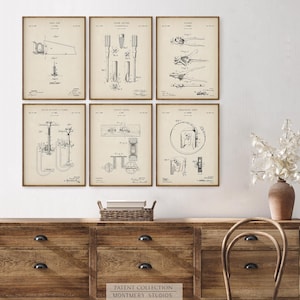 Set of vintage tool blueprint prints featuring detailed patent illustrations of classic workshop equipment like wrenches, drills, hammers, saws, and clamps. Ideal for decorating garages, mechanic shops, carpentry workspaces, or man caves. A thoughtful gift idea for dads, husbands, or handymen who love tools and craftsmanship. Perfect for Father’s Day, birthdays, or home improvement-themed decor.
