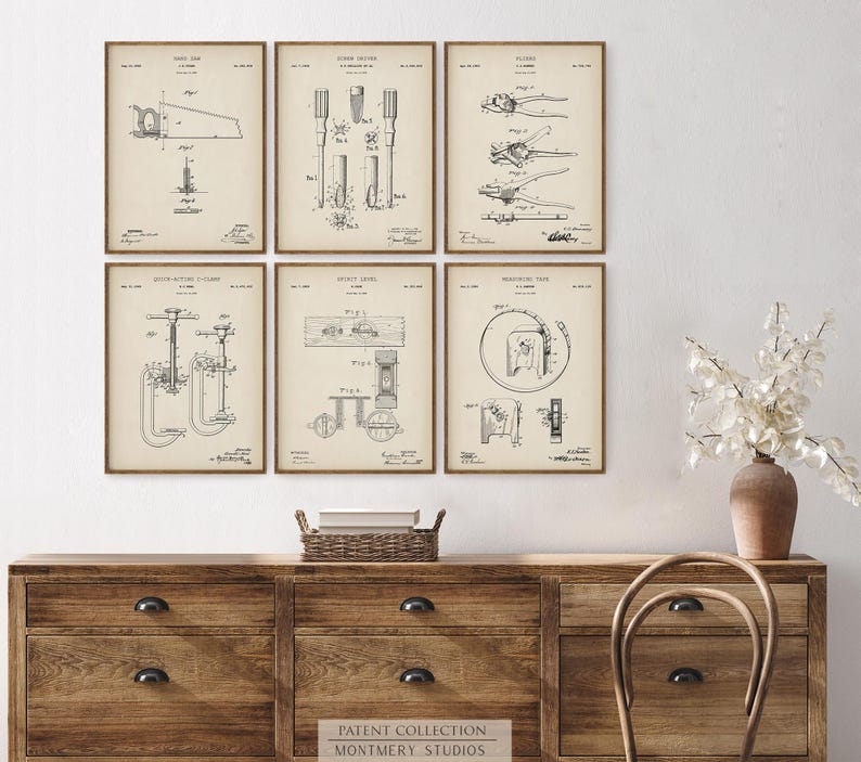 Set of vintage tool blueprint prints featuring detailed patent illustrations of classic workshop equipment like wrenches, drills, hammers, saws, and clamps. Ideal for decorating garages, mechanic shops, carpentry workspaces, or man caves. A thoughtful gift idea for dads, husbands, or handymen who love tools and craftsmanship. Perfect for Father’s Day, birthdays, or home improvement-themed decor.