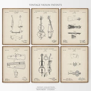 Set of 12 vintage violin patent prints featuring detailed illustrations of iconic violin parts, including violin bow, chin rest, tuning pegs, violin case, shoulder rest, bridge, tailpiece, mute, and full violin design. Ideal wall decor for music teachers, violinists, classical music lovers, and music room, studio, or orchestra spaces. A unique gift for musicians and string instrument enthusiasts.