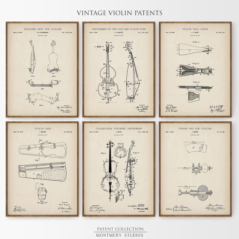 Set of 12 vintage violin patent prints featuring detailed illustrations of iconic violin parts, including violin bow, chin rest, tuning pegs, violin case, shoulder rest, bridge, tailpiece, mute, and full violin design. Ideal wall decor for music teachers, violinists, classical music lovers, and music room, studio, or orchestra spaces. A unique gift for musicians and string instrument enthusiasts.