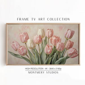 Valentine&#39;s Day Frame TV Art, Soft Pink Pastel Tulips Painting, Spring Floral Screensaver, Neutral Home Decor, Tulips for Frame TV, S66