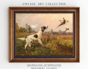 May include: A vintage oil painting depicting a hunting scene. A white and brown dog stands in a field of tall grass, looking up at a pheasant flying away. A hunter with a gun is visible in the background.