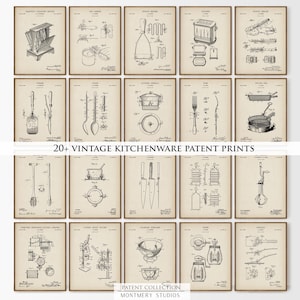 Op de afbeelding: Een verzameling ingelijste vintage keukenapparatuur patentprints. De prints tonen gedetailleerde zwart-wit illustraties van diverse keukengereedschappen en -apparaten, waaronder een broodrooster, rasp en mixer. De tekst "20+ VINTAGE KITCHENWARE PATENT PRINTS" is zichtbaar.