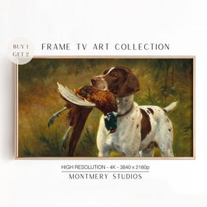 May include: A brown and white hunting dog with a pheasant in its mouth. The dog is standing in a grassy field with green foliage. The painting is in a rustic style with a vintage feel.