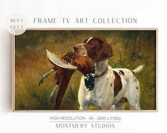 May include: A brown and white hunting dog with a pheasant in its mouth. The dog is standing in a grassy field with green foliage. The painting is in a rustic style with a vintage feel.