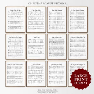May include: A collection of framed prints featuring Christmas carols and hymns, including "Silent Night" and "Joy to the World." Each print displays sheet music in black ink on a white background, with a brown frame. The text "CHRISTMAS CAROLS/HYMNS" is at the top.