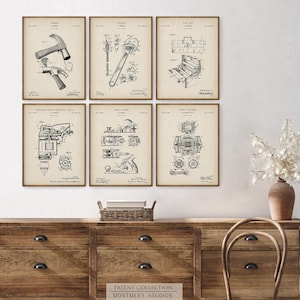 Set of vintage tool blueprint prints featuring detailed patent illustrations of classic workshop equipment like wrenches, drills, hammers, saws, and clamps. Ideal for decorating garages, mechanic shops, carpentry workspaces, or man caves. A thoughtful gift idea for dads, husbands, or handymen who love tools and craftsmanship. Perfect for Father’s Day, birthdays, or home improvement-themed decor.