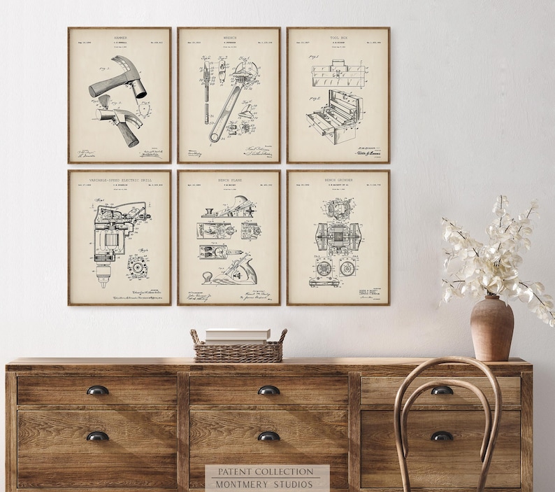 Set of vintage tool blueprint prints featuring detailed patent illustrations of classic workshop equipment like wrenches, drills, hammers, saws, and clamps. Ideal for decorating garages, mechanic shops, carpentry workspaces, or man caves. A thoughtful gift idea for dads, husbands, or handymen who love tools and craftsmanship. Perfect for Father’s Day, birthdays, or home improvement-themed decor.
