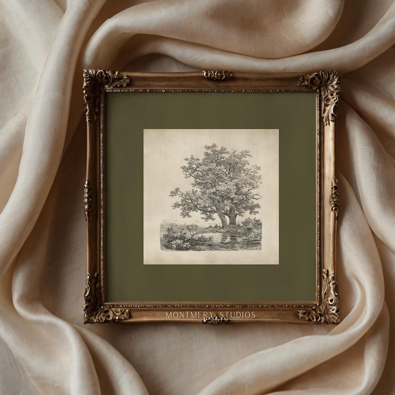 Antique tree etching, vintage forest landscape, square printable wall art with sage green mat, 19th century Dutch drawing, old oak trees by a lake, dark green nature sketch, classical tree illustration, rustic woodland decor, forest art print download, vintage-style landscape for gallery wall, Remigius Adrianus Haanen artwork, detailed tree line drawing, printable antique artwork for home decor