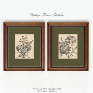 Set of two vintage-inspired flower sketches in soft sage and deep green tones, perfect for wall decor. Delicate botanical drawings with antique etching style, ideal for living room, baby nursery room, kids room, bedroom, or entryway. Classic floral artwork with hand-drawn details, dark green botanical prints for a timeless and elegant home aesthetic. Vintage wall art set, perfect for adding subtle color and natural beauty to any space.