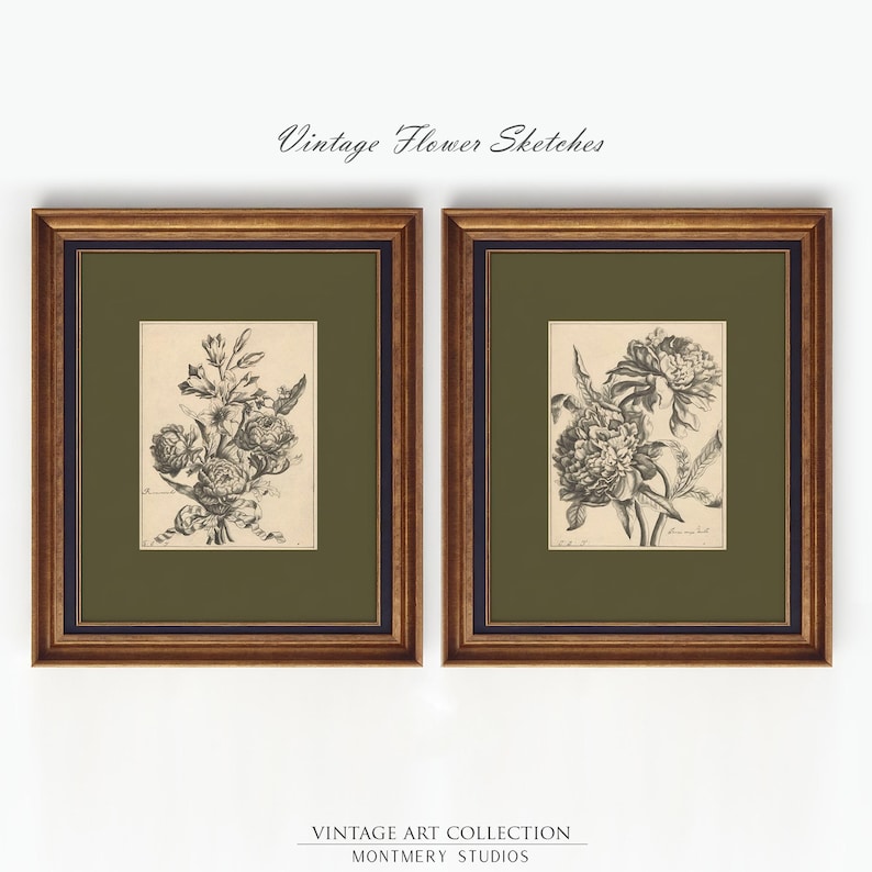 Set of two vintage-inspired flower sketches in soft sage and deep green tones, perfect for wall decor. Delicate botanical drawings with antique etching style, ideal for living room, baby nursery room, kids room, bedroom, or entryway. Classic floral artwork with hand-drawn details, dark green botanical prints for a timeless and elegant home aesthetic. Vintage wall art set, perfect for adding subtle color and natural beauty to any space.