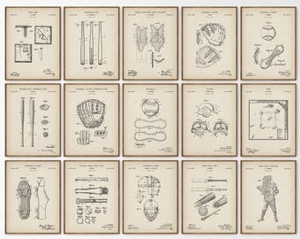 Juego de 15 láminas de patentes de béisbol, arte mural de béisbol vintage, pósteres de béisbol retro, regalos para entrenadores de béisbol, decoración con temática de béisbol, PS14