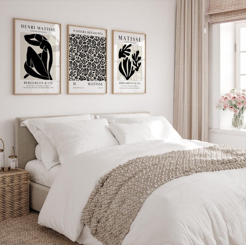 Set of 12 Henri Matisse inspired printable posters in striking black and beige tones, featuring minimalist abstract forms, geometric modern art, and subtle abstract flowers. This mid century modern Matisse gallery wall set combines bold black shapes with warm beige backgrounds for a refined, timeless look. Ideal for minimalist black art lovers, neutral boho interiors, and modern spaces, these coordinated prints bring balance and artistic character to living rooms, bedrooms, offices, or entryways