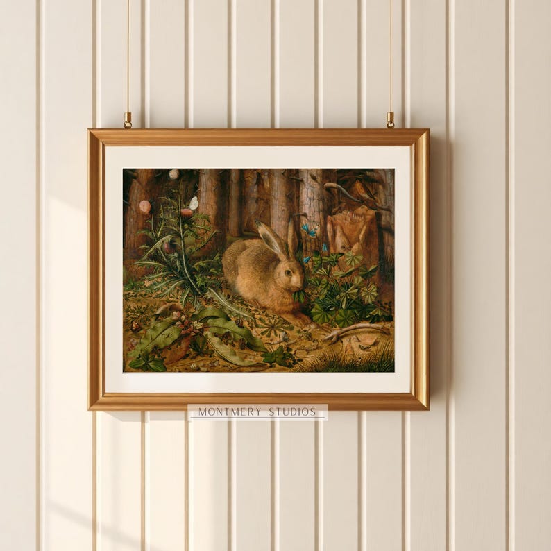 Vintage rabbit art print featuring a bunny in a forest scene, perfect for spring and Easter decor. Antique wildlife artwork with rustic nature charm, ideal for forest animal decor, nature-inspired wall art, and vintage bunny prints for home and cabin