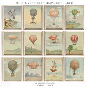 Vintage hot air balloon illustrations, aviation nursery wall art, Montgolfier brothers balloon, historic flight printables, pilot kids room decor, 1783 French aviation, antique balloon decor, first flight artwork, aviation history prints