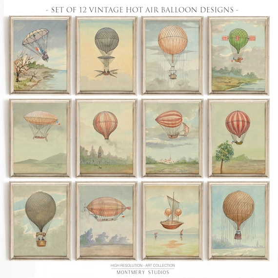 Vintage Hot Air Balloon Printables, Set of 12, Aviation Nursery Wall Art, Historic Balloon Illustrations, Pilot Kids Room Decor, S037