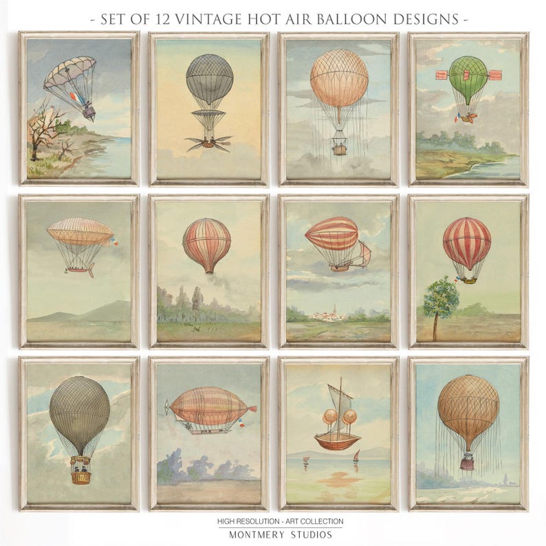 Vintage hot air balloon illustrations, aviation nursery wall art, Montgolfier brothers balloon, historic flight printables, pilot kids room decor, 1783 French aviation, antique balloon decor, first flight artwork, aviation history prints