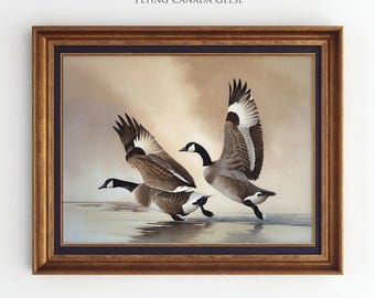 Impresión de ganso canadiense, gansos canadienses volando, decoración de casa de lago, impresión de ganso para guardería, arte de aves acuáticas, decoración de cabañas, arte rústico de aves silvestres, AN100