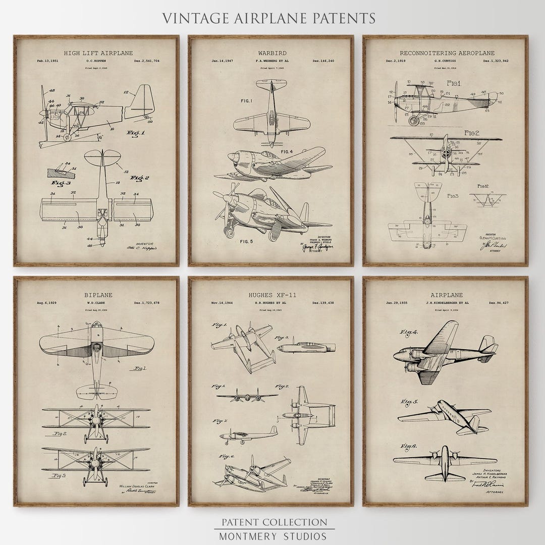 Airplane Patent Print Set of 6, Vintage Aviation Posters for Man Cave ...