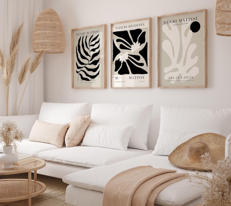 Set of 12 Henri Matisse inspired printable posters in striking black and beige tones, featuring minimalist abstract forms, geometric modern art, and subtle abstract flowers. This mid century modern Matisse gallery wall set combines bold black shapes with warm beige backgrounds for a refined, timeless look. Ideal for minimalist black art lovers, neutral boho interiors, and modern spaces, these coordinated prints bring balance and artistic character to living rooms, bedrooms, offices, or entryways
