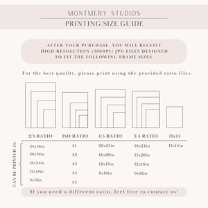 Puede incluir: Una gu&iacute;a de tama&ntilde;os de impresi&oacute;n de Montmery Studios con texto negro sobre fondo claro. Enumera archivos JPG de alta resoluci&oacute;n 300DPI para ratios 2:3, ISO, 4:5, 3:4 y tama&ntilde;os de 11x14 pulgadas, con las dimensiones en pulgadas para cada uno.