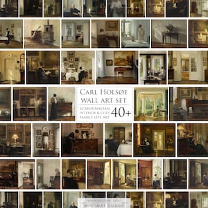 Könnte beinhalten: Eine Collage aus über 40 Gemälden, die skandinavische Innenräume und gemütliche Familienszenen von Carl Holsøe zeigen. Die Gemälde zeichnen sich durch warme Farben, natürliches Licht und Alltagsmomente in Häusern aus.