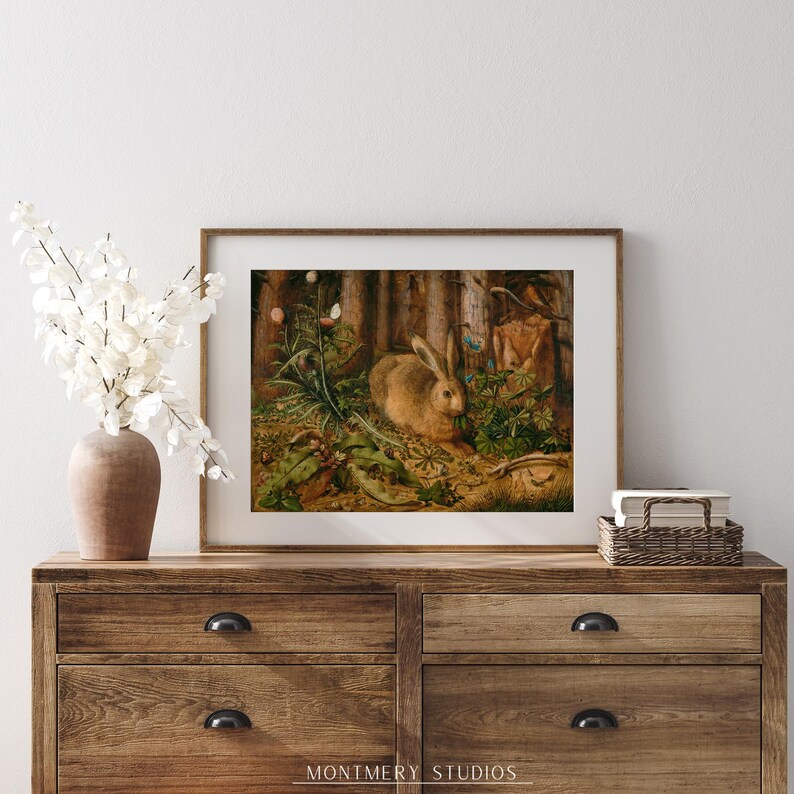 Vintage rabbit art print featuring a bunny in a forest scene, perfect for spring and Easter decor. Antique wildlife artwork with rustic nature charm, ideal for forest animal decor, nature-inspired wall art, and vintage bunny prints for home and cabin