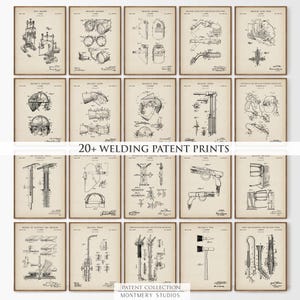 Op de afbeelding: Een verzameling ingelijste vintage patentprints met diverse lasgereedschappen en -apparatuur. De prints worden gepresenteerd op een neutrale achtergrond, met de tekst "20+ WELDING PATENT PRINTS" en "PATENT COLLECTION MONTMRY STUDIOS".
