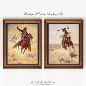 Western cowboy art set of 2 featuring vintage cowboy prints, rustic frontier scenes, and Old West horse riders. Perfect for Western home decor, farmhouse wall art, or Southwestern interiors. Antique cowboy artwork with a nostalgic Wild West feel, ideal for ranch-style homes, cowboy-themed rooms, or rustic lodge decor. Pioneer and frontier-inspired prints capturing the spirit of the American West, blending history, adventure, and classic Western aesthetics.