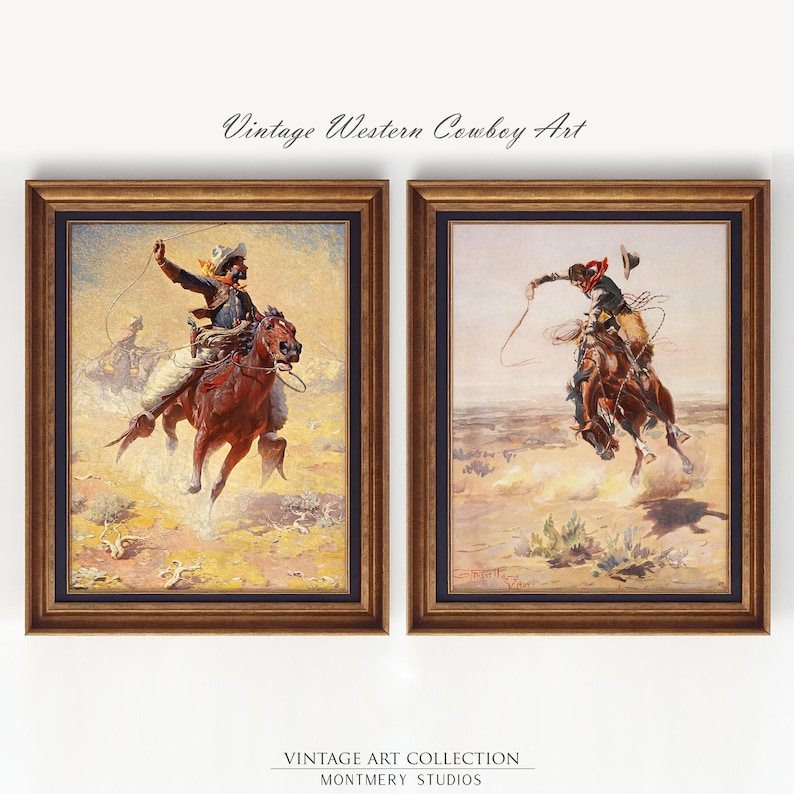 Western cowboy art set of 2 featuring vintage cowboy prints, rustic frontier scenes, and Old West horse riders. Perfect for Western home decor, farmhouse wall art, or Southwestern interiors. Antique cowboy artwork with a nostalgic Wild West feel, ideal for ranch-style homes, cowboy-themed rooms, or rustic lodge decor. Pioneer and frontier-inspired prints capturing the spirit of the American West, blending history, adventure, and classic Western aesthetics.