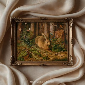 Vintage rabbit art print featuring a bunny in a forest scene, perfect for spring and Easter decor. Antique wildlife artwork with rustic nature charm, ideal for forest animal decor, nature-inspired wall art, and vintage bunny prints for home and cabin
