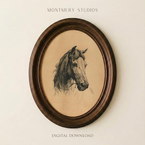 May include: An oval framed print featuring a detailed charcoal drawing of a horse's head. The artwork is set against a tan background and framed in a dark brown, ornate wooden frame. The text "MONTMMERY STUDIOS" and "DIGITAL DOWNLOAD" are visible.