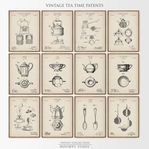 May include: A collection of twelve framed vintage patent prints featuring tea-related items. The prints are in black and white, showcasing detailed illustrations of teapots, strainers, and other tea accessories. The text "VINTAGE TEA TIME PATENTS" is at the top.
