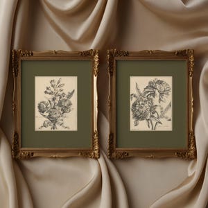 May include: Two framed botanical prints featuring black and white illustrations of flowers. The frames are gold with a dark green mount. The prints are displayed on a beige fabric background.