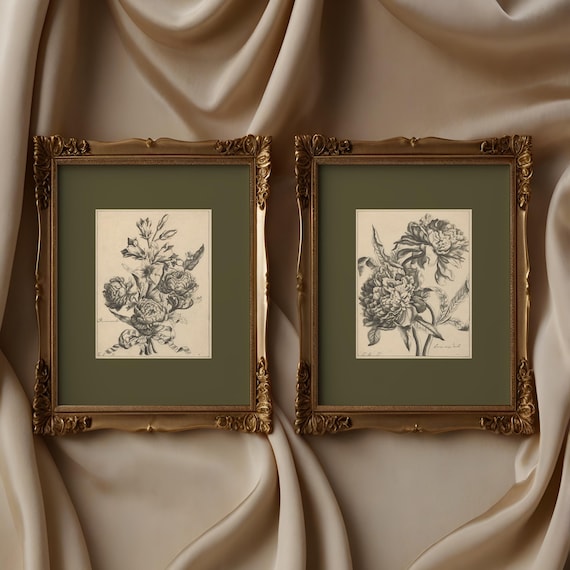 Set of 2 Flower Sketch Prints, Sage Green Wall Art, Vintage Etchings, Dark Green Botanical Prints, Floral Drawing Art, Antique Prints, S048