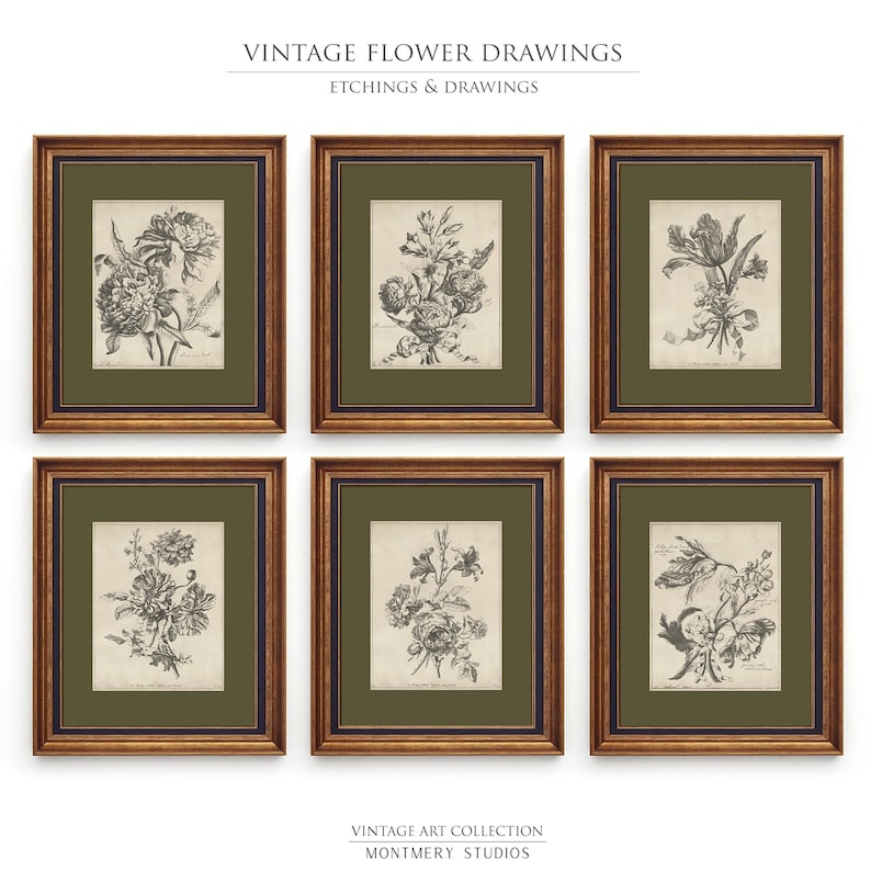 Set of six vintage flower sketches in sage green and dark green tones, featuring botanical illustrations with antique etching style. Elegant floral drawings and green botanical prints perfect for living room, bedroom, nursery, or entryway decor. This vintage floral wall art set brings timeless charm and natural beauty to any space, adding subtle color and classic design to farmhouse, cottage, or modern interiors.