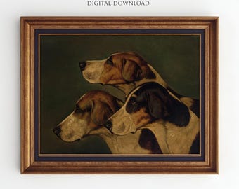 Three English Foxhounds Vintage Portrait, Moody Hunting Dog Art, Rustic Lodge Decor (Digital Download)