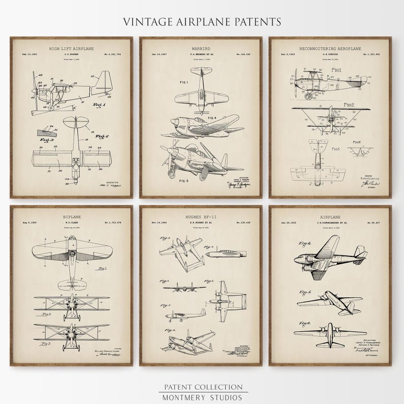 Airplane Patent Print Set of 6, Vintage Aviation Posters for Man Cave ...