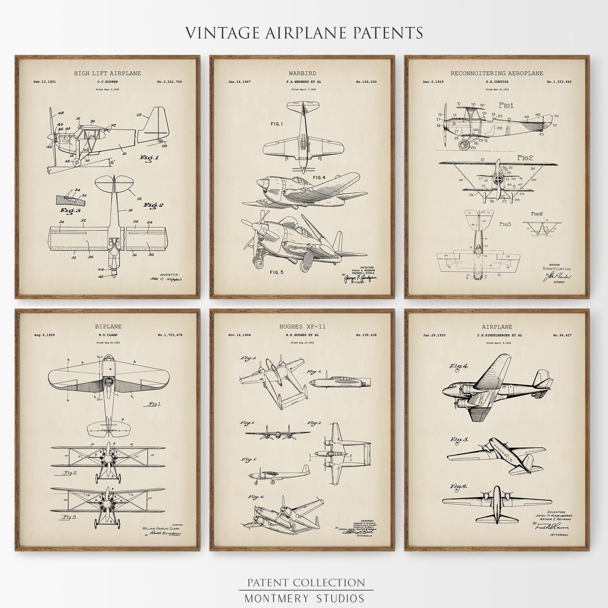 Airplane Patent Print Set of 6, Vintage Aviation Posters for Man Cave ...