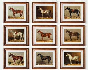 Horse Wall Art Set of 9, Vintage Equestrian Prints, 19th-Century Rustic Horse Art by Emil Volkers, Antique Country Gallery Wall Decor, S043