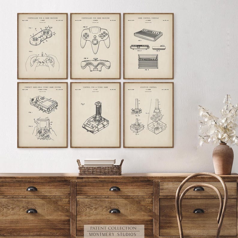 Set of 12 vintage video game blueprint prints featuring game controllers, handheld consoles, cartridges, and TV gaming systems. Ideal for gamer wall art, man cave gaming setups, retro gaming prints, and Father's Day gamer gifts. Blueprint-style decor perfect for classic game room decoration and nostalgic tech lovers.