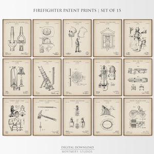 May include: A set of 15 framed prints featuring black and white illustrations of firefighter patents. Each print shows detailed diagrams of firefighting equipment. The prints are set against a cream background with brown frames.