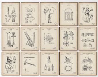 Feuerwehrmann Patent Prints 15er Set, Feuerwehrmann Geschenk, Feuerwache Büro Wandkunst, Vintage Feuerwehrmann Ausrüstung Poster, Mannhöhle Dekor, PS17