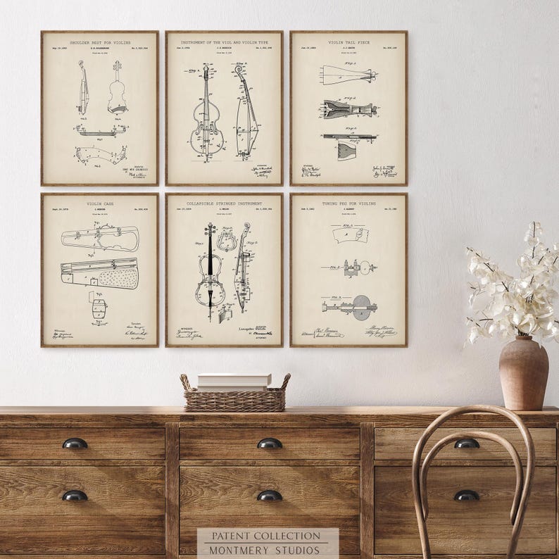 Set of 12 vintage violin patent prints featuring detailed illustrations of iconic violin parts, including violin bow, chin rest, tuning pegs, violin case, shoulder rest, bridge, tailpiece, mute, and full violin design. Ideal wall decor for music teachers, violinists, classical music lovers, and music room, studio, or orchestra spaces. A unique gift for musicians and string instrument enthusiasts.