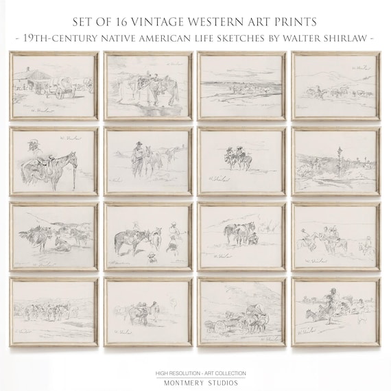 Vintage Western Art Prints, 16 Western Drawings by Walter Shirlaw, 19th-Century Native American Life Sketches, Black and White Frontier Art