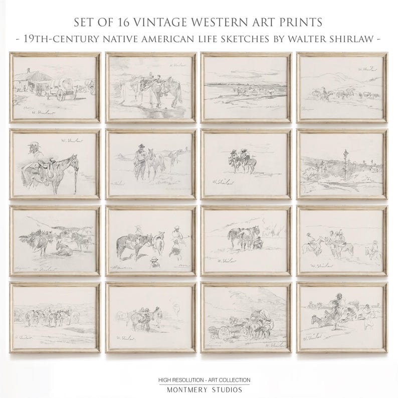 vintage Western art prints, 19th-century Native American life sketches by Walter Shirlaw, black and white frontier decor, cowboy prints, rustic home decor, historical art prints, Western wall art, pioneer art, antique sketches, Montana Reservations