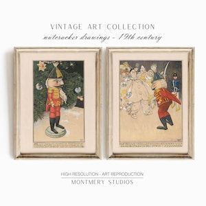 May include: Two vintage illustrations of a nutcracker doll. The first image shows the doll standing in front of a Christmas tree. The second image shows the doll standing with a group of people in a festive setting. The text "GETROUWE-VASALLEN HANNEN-BROEDERS-WILT GE-ME-BUSTAAN IN-DEN-STRID-M" is printed below the second image.