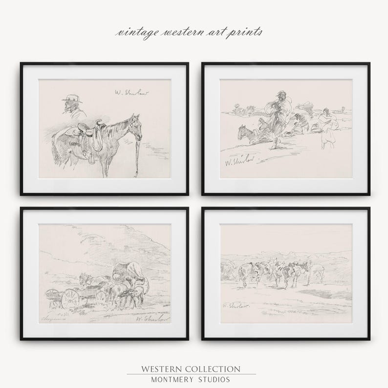 vintage Western art prints, 19th-century Native American life sketches by Walter Shirlaw, black and white frontier decor, cowboy prints, rustic home decor, historical art prints, Western wall art, pioneer art, antique sketches