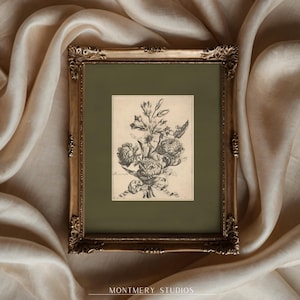 Set of two vintage-inspired flower sketches in soft sage and deep green tones, perfect for wall decor. Delicate botanical drawings with antique etching style, ideal for living room, baby nursery room, kids room, bedroom, or entryway. Classic floral artwork with hand-drawn details, dark green botanical prints for a timeless and elegant home aesthetic. Vintage wall art set, perfect for adding subtle color and natural beauty to any space.